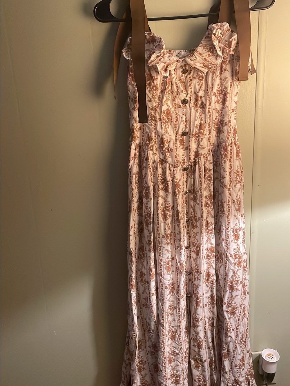 Floral Button-Front Maxi Dress in Light Pink and Brown